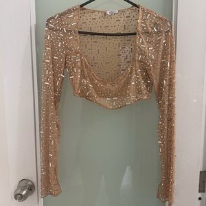 Oh Polly! SHEER EMBELLISHED LONG SLEEVE SQUARE NECK CROP TOP IN ALMOND